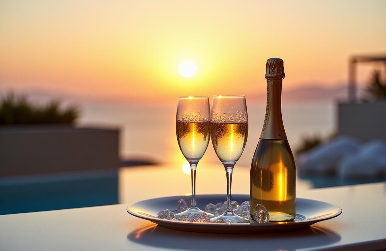 Ein festlich gedeckter Tisch mit Champagner-Empfang in einer historischen Villa